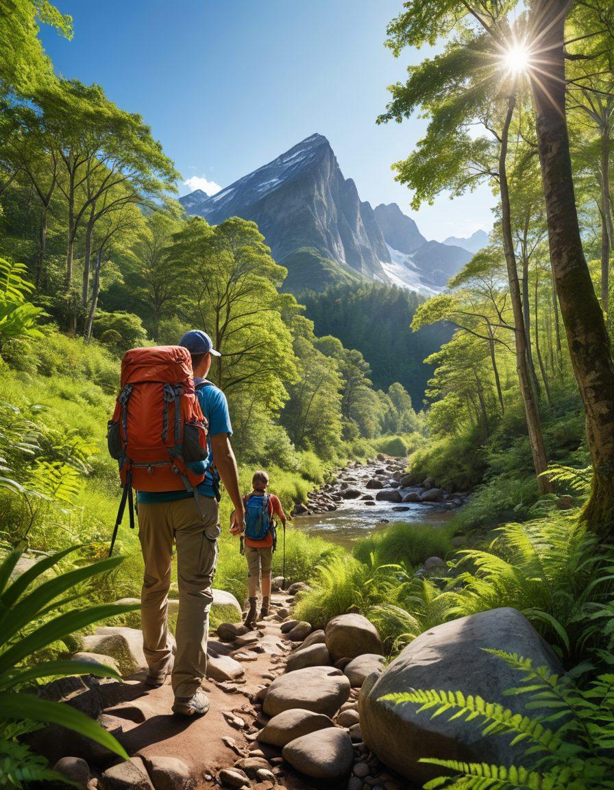 A serene outdoor scene showcasing a family hiking in a lush forest, with a bright sun filtering through the trees. In the foreground, a backpack filled with safety gear and a insurance policy brochure rests on a rock. The background features mountains and a tranquil river, symbolizing adventure and protection. The overall tone should convey safety and exploration. vibrant colors. super-realistic.