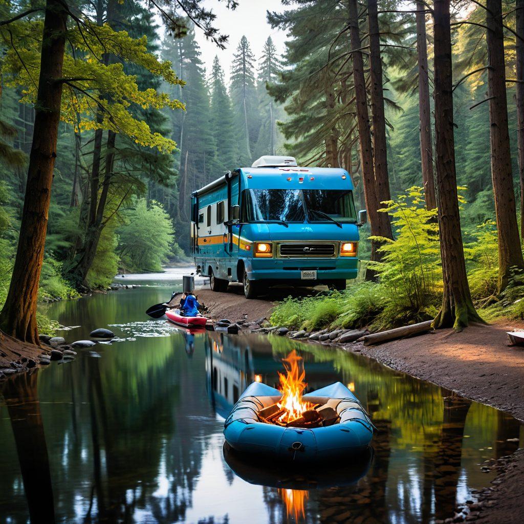 A serene camping scene featuring diverse outdoor activities: a colorful raft navigating a gentle river, a sleek RV parked in a picturesque wooded area, and joyful families enjoying a campfire with camping gear around. Incorporate elements of insurance symbols like a shield and a checklist subtly in the background. Bright and inviting colors to evoke a sense of adventure and safety. vibrant colors. super-realistic.