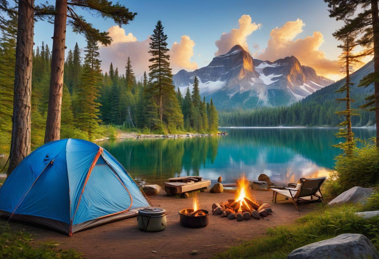 A serene campsite surrounded by towering trees and a tranquil lake, with a cozy tent pitched, a campfire softly glowing, and camping gear scattered around. In the foreground, an open backpack reveals brochures and documents related to camping insurance, symbolizing protection for outdoor adventures. Bright blue skies and fluffy clouds enhance the adventure vibe. The image also features a family enjoying the outdoors, highlighting the joy of camping. vibrant colors. painting.